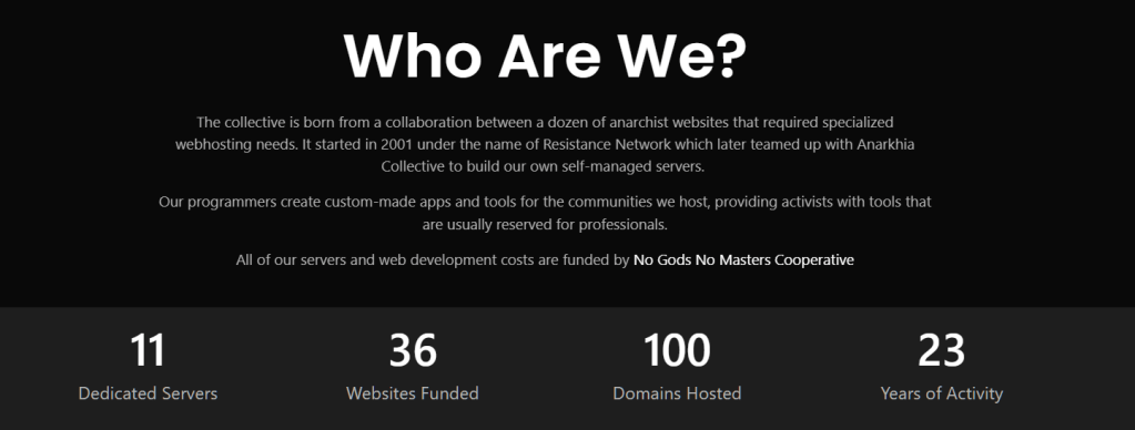Section 'Who Are We?' of a website detailing the mission of a collective formed from various anarchist websites, featuring statistics on dedicated servers, funded websites, hosted domains, and years of activity.