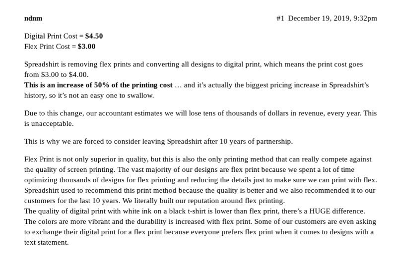 Capture d'écran d'un message sur un forum concernant l'augmentation des coûts d'impression par Spreadshirt.