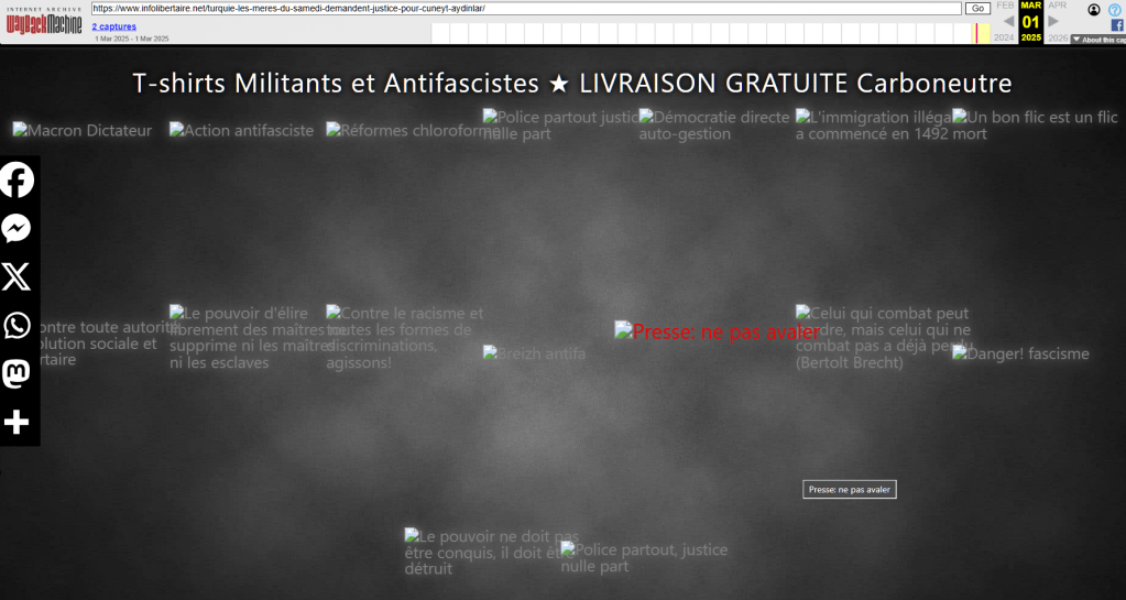 Site web dédié à la vente de t-shirts militants et antifa, avec un fond sombre et diverses citations sur la justice sociale. Mention de livraison gratuite et carbonneutre.