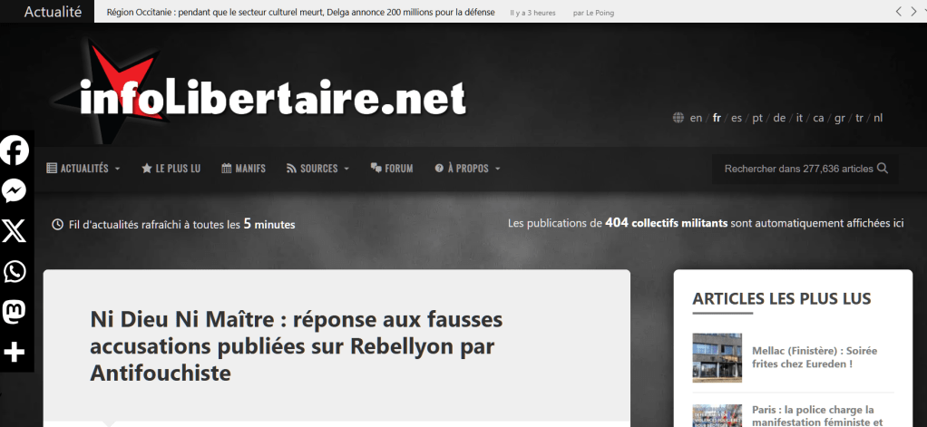 Capture d'écran du site infoLibertaire.net, présentant des nouvelles et articles sur des collectifs militants, avec une interface sombre et des sections pour des articles récents et populaires.